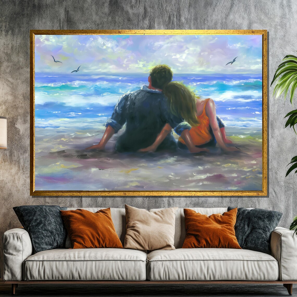 Couple Sitting On The Beach Watching Ocean Waves And Seagulls Poster