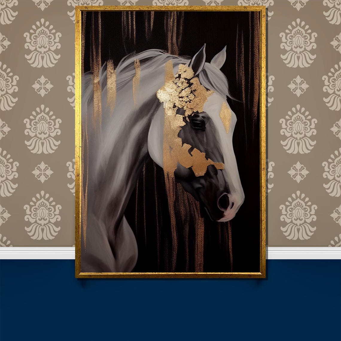 White Horse Gold Leaf Elegant Equine Art Luxe Wall Decor Poster