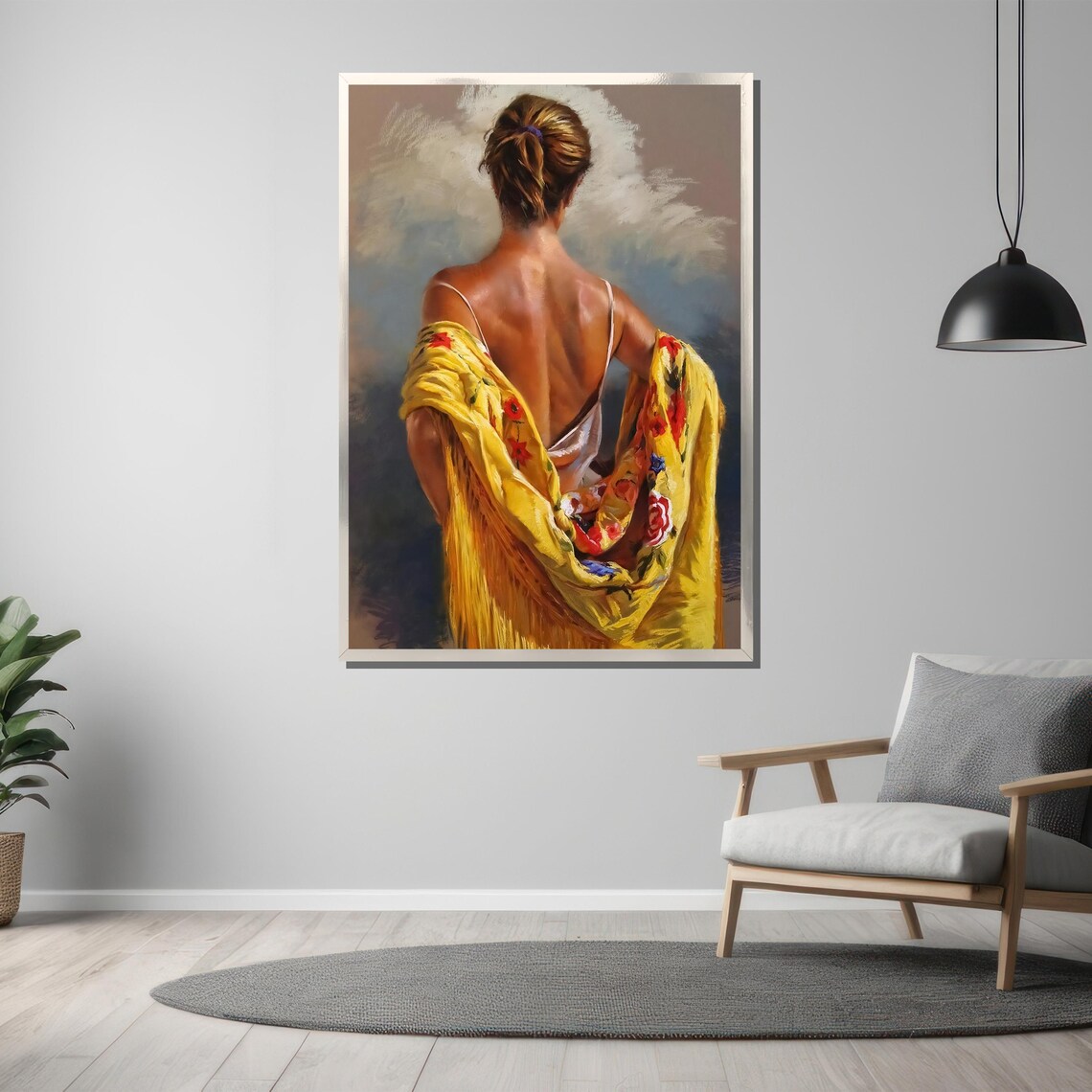 Elegant Woman With Yellow Floral Shawl Realistic Painting Poster - Image 3