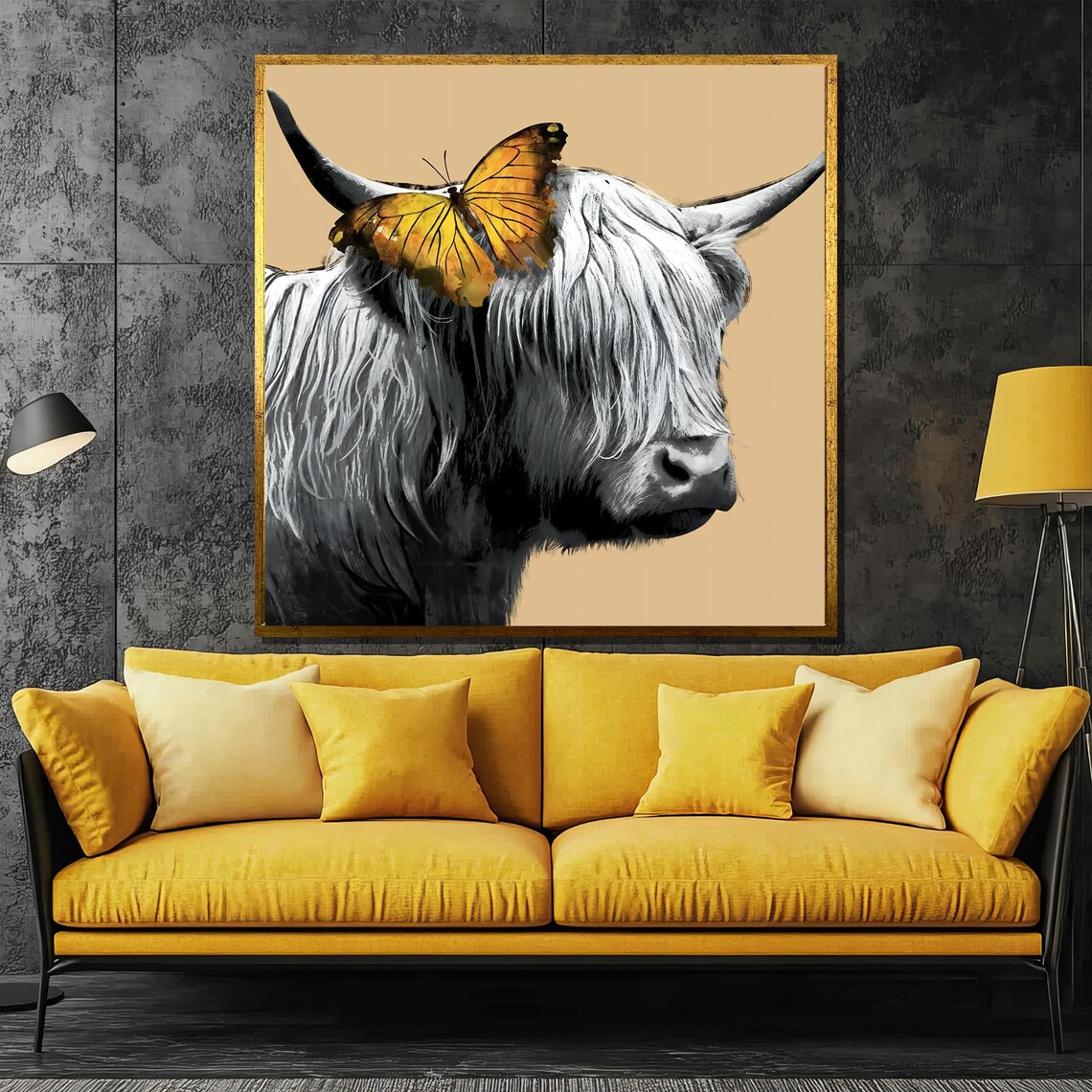 Highland Cow With Butterfly, Animal Wall Art Print