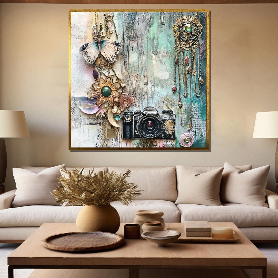 Vintage Camera Mixed Media Jewelry Butterfly Collage Art Poster - Image 5