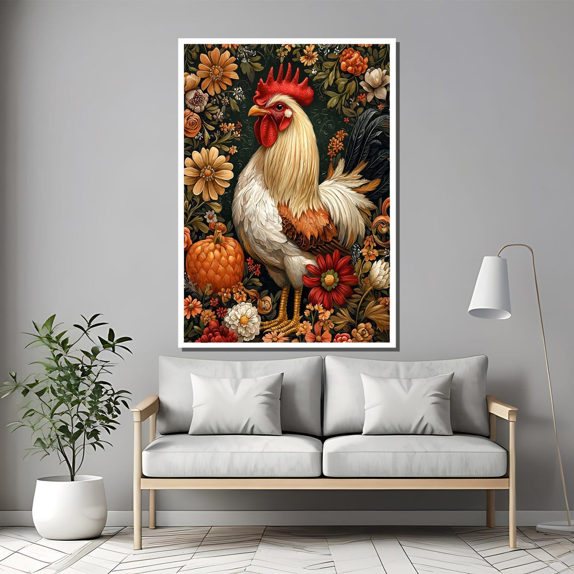 Rustic Rooster With Autumn Flowers Pumpkin Farmhouse Art Poster - Image 2