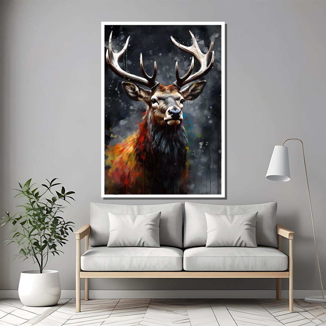 Majestic Stag Portrait with Vibrant Abstract Deer Artwork Poster - Image 2