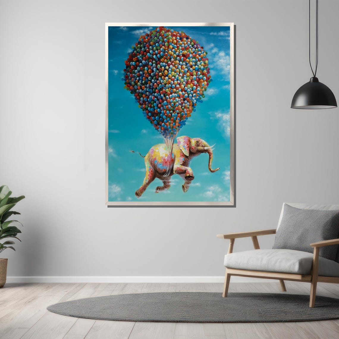 Joyful Rainbow Elephant Floating Away With Colorful Balloons Poster - Image 3