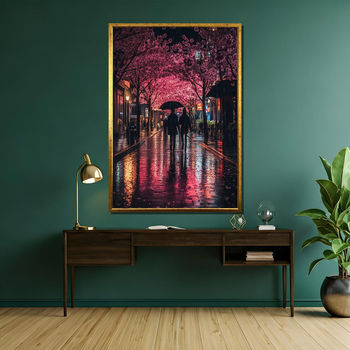 Cherry Blossom Rain Night Couple Under Umbrella City Street Poster - Image 5