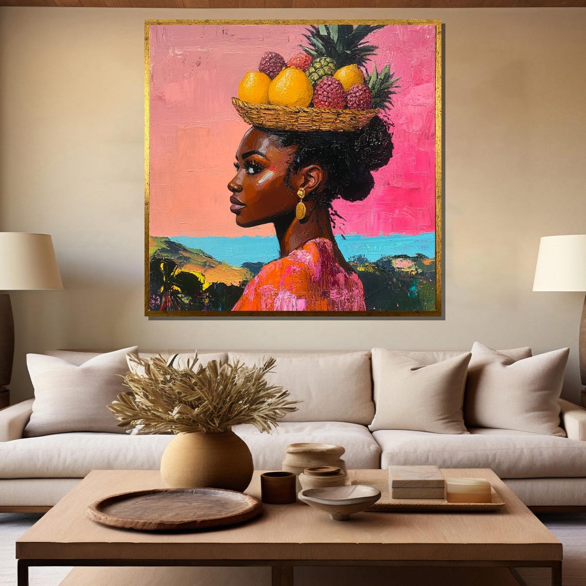 Vibrant Caribbean Woman With Tropical Fruit Basket Pink Art Poster - Image 5