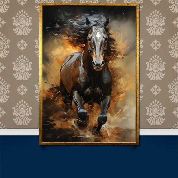 Dynamic Black Stallion Painting Bold And Fiery Horse Wall Art Gift For Equine Lovers Majestic Animal Portrait Home Decor