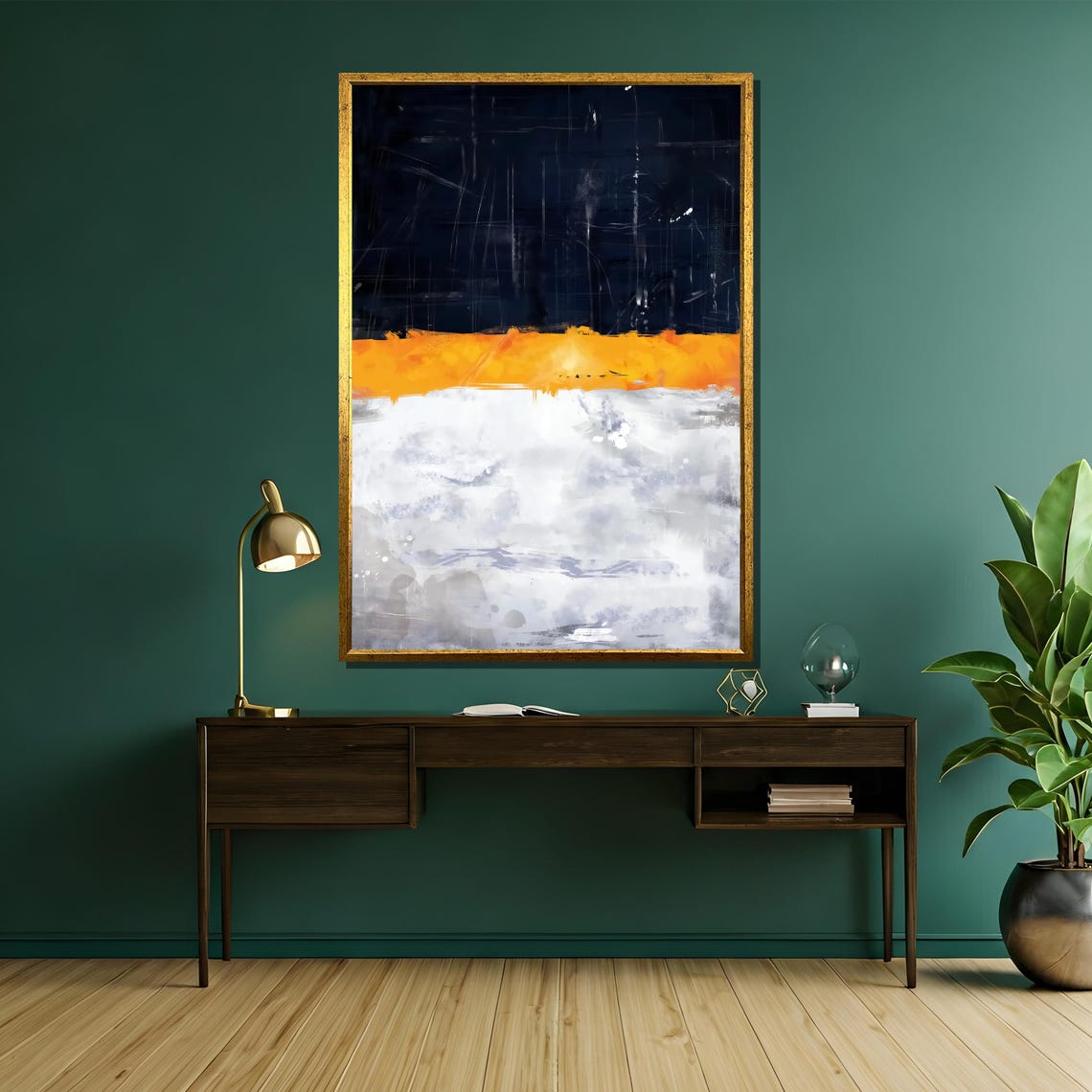 Navy Orange White Abstract Horizon Line Sunset Modern Art Poster - Image 5