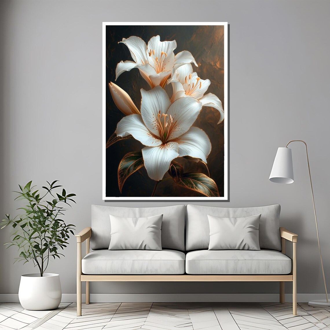 Elegant White Lily Flowers Dark Background Botanical Art Poster - Image 2