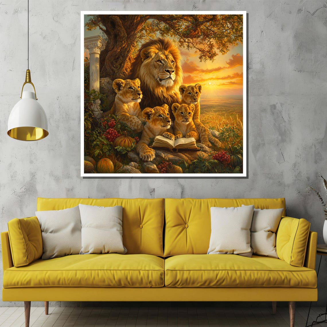 Lion Father Reading Bedtime Stories To His Cubs At Sunset Poster - Image 2