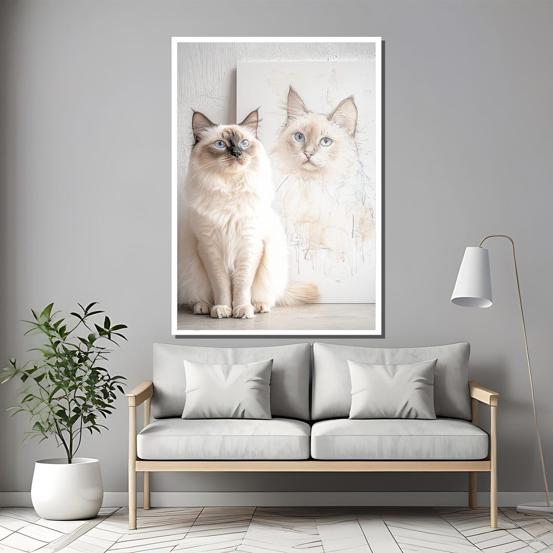 Blue Eyed Beauty White Cat Posing Beside Its Own Sketch Poster - Image 2