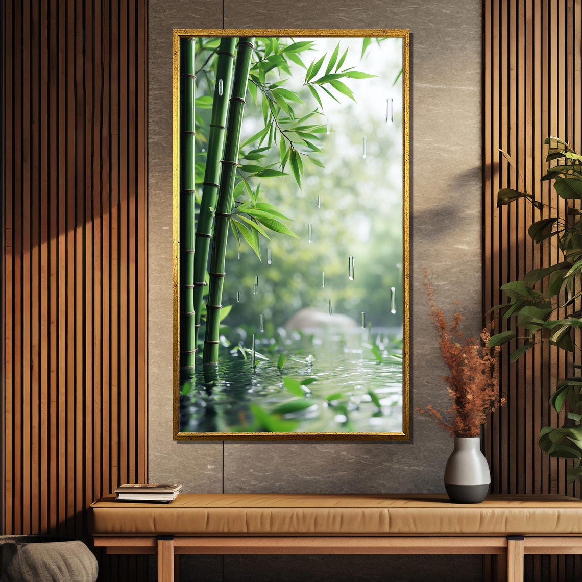 Green Bamboo Stalks Rising from Still Morning Pond Water Poster - Image 5