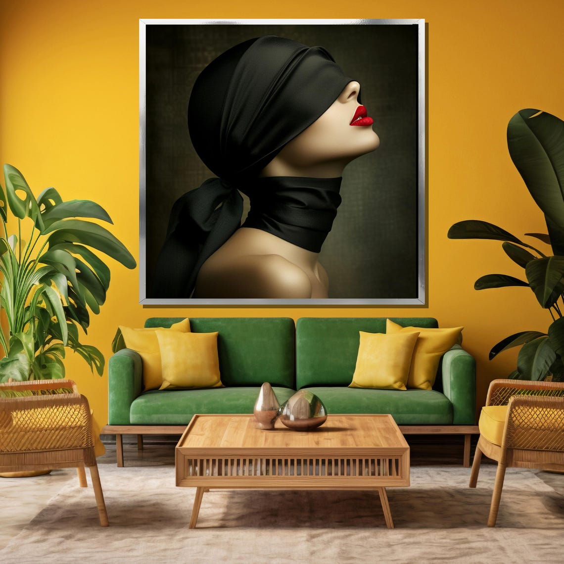 Blindfolded Woman with Black Silk Scarf and Bold Red Lips Poster - Image 3