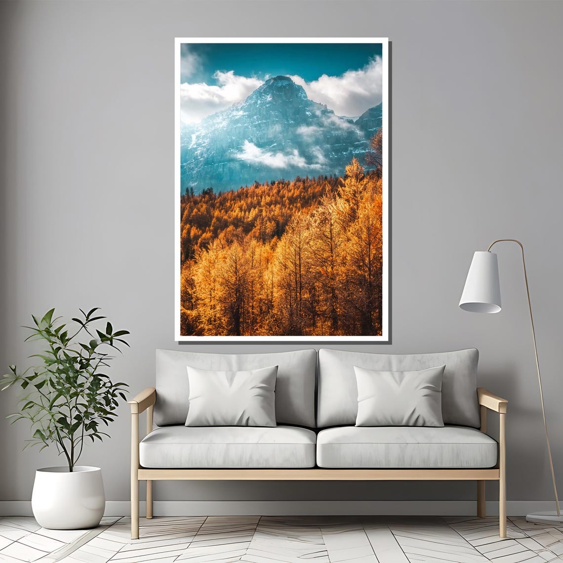 Golden Autumn Larch Forest Below A Towering Snowy Mountain Peak Poster - Image 2