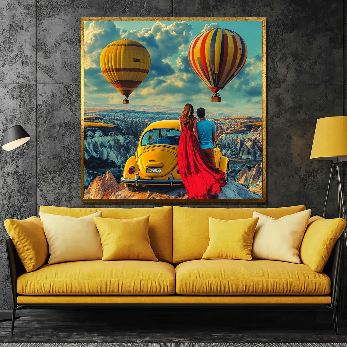 Couple By Yellow VW Beetle Cappadocia Balloons Adventure Art Poster