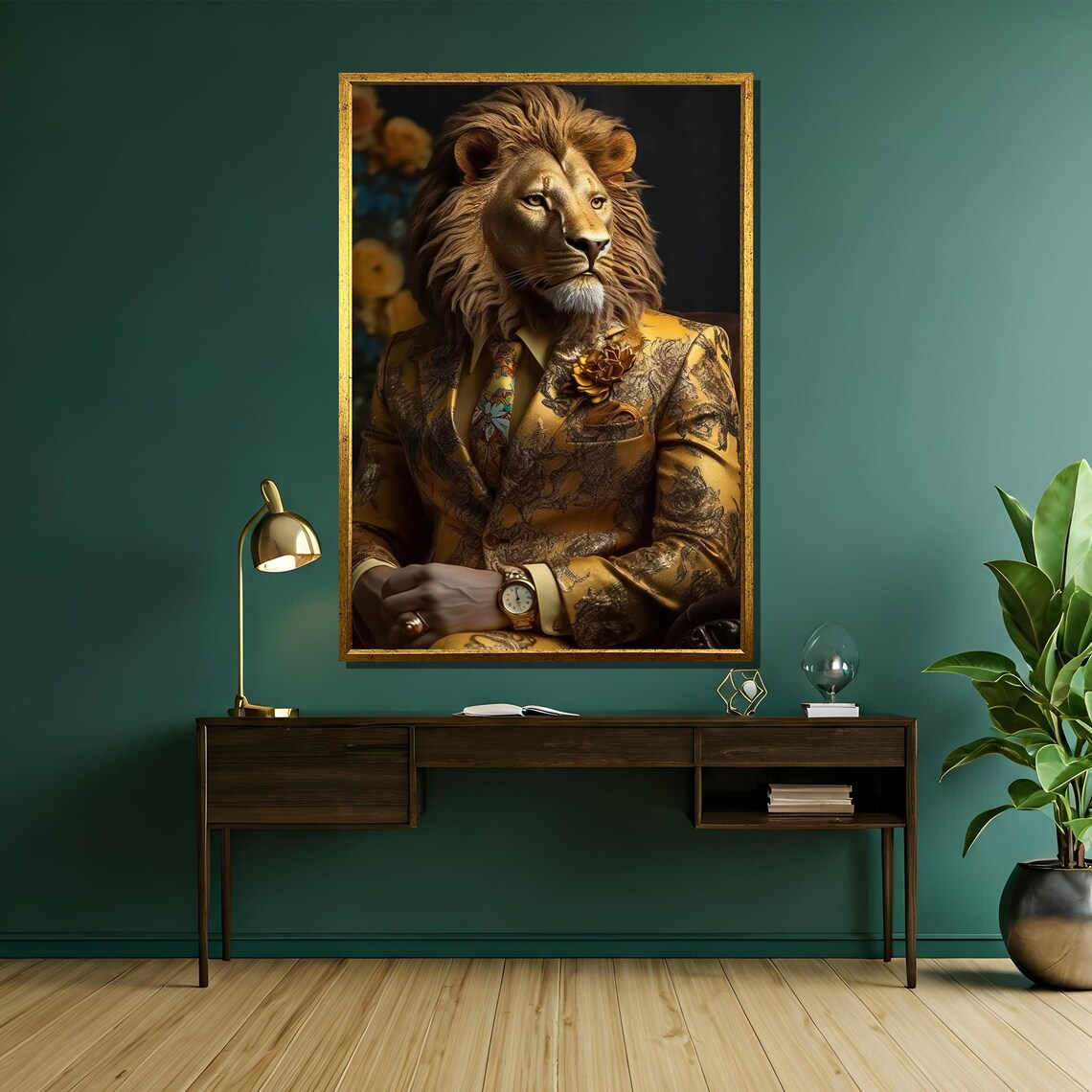 Regal Lion in Ornate Gold Suit with Watch Animal Portrait Poster - Image 5