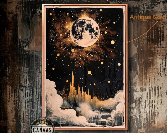 Celestial Dreamscape Framed Print Moonlit Golden Night Sky Wall Art Abstract Moon Stars Painting Print Fantasy Ready To Hang