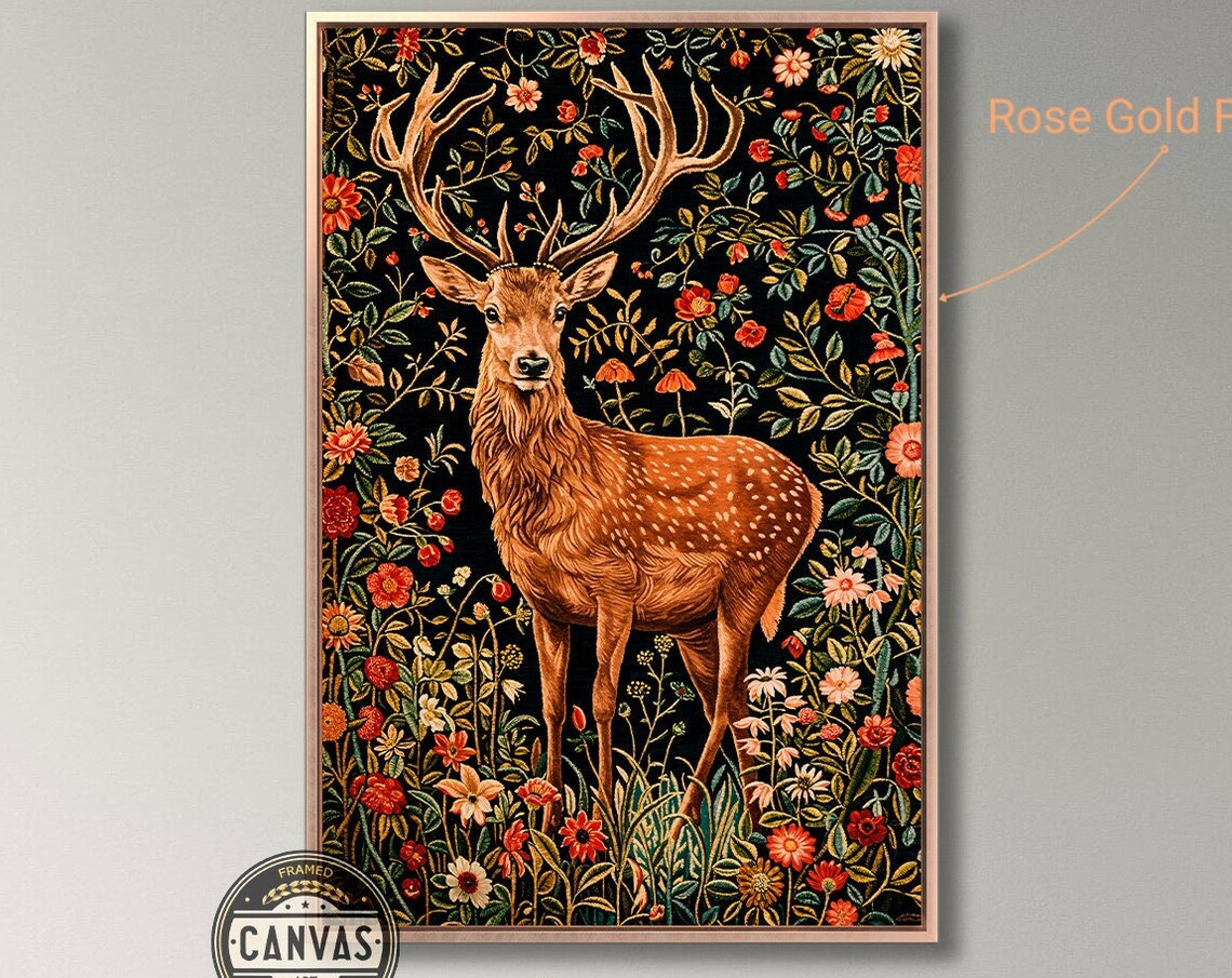 Elegant Stag Among Wildflowers Vintage Tapestry Style Animal Wall Poster