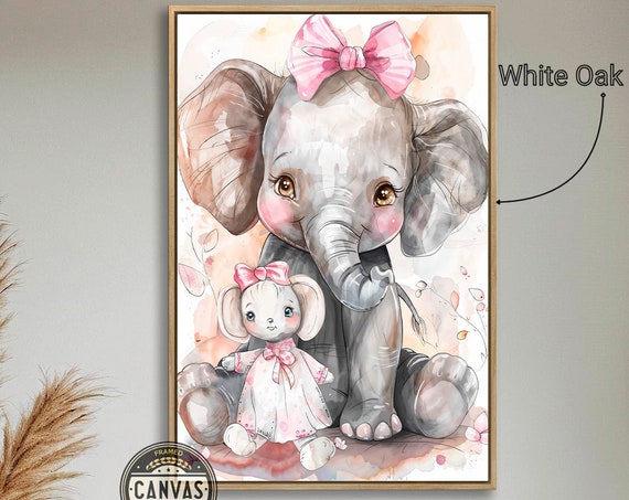 Adorable Baby Elephant And Mouse Framed Wall Art Cute Animal Friendship Painting Print Whimsical Nursery Wall Decor Ready To Hang