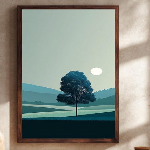Minimalist Landscape Wall Art Single Tree Rolling Hills And Moonlit Sky In Calming Blue Tones For Modern Home Decor