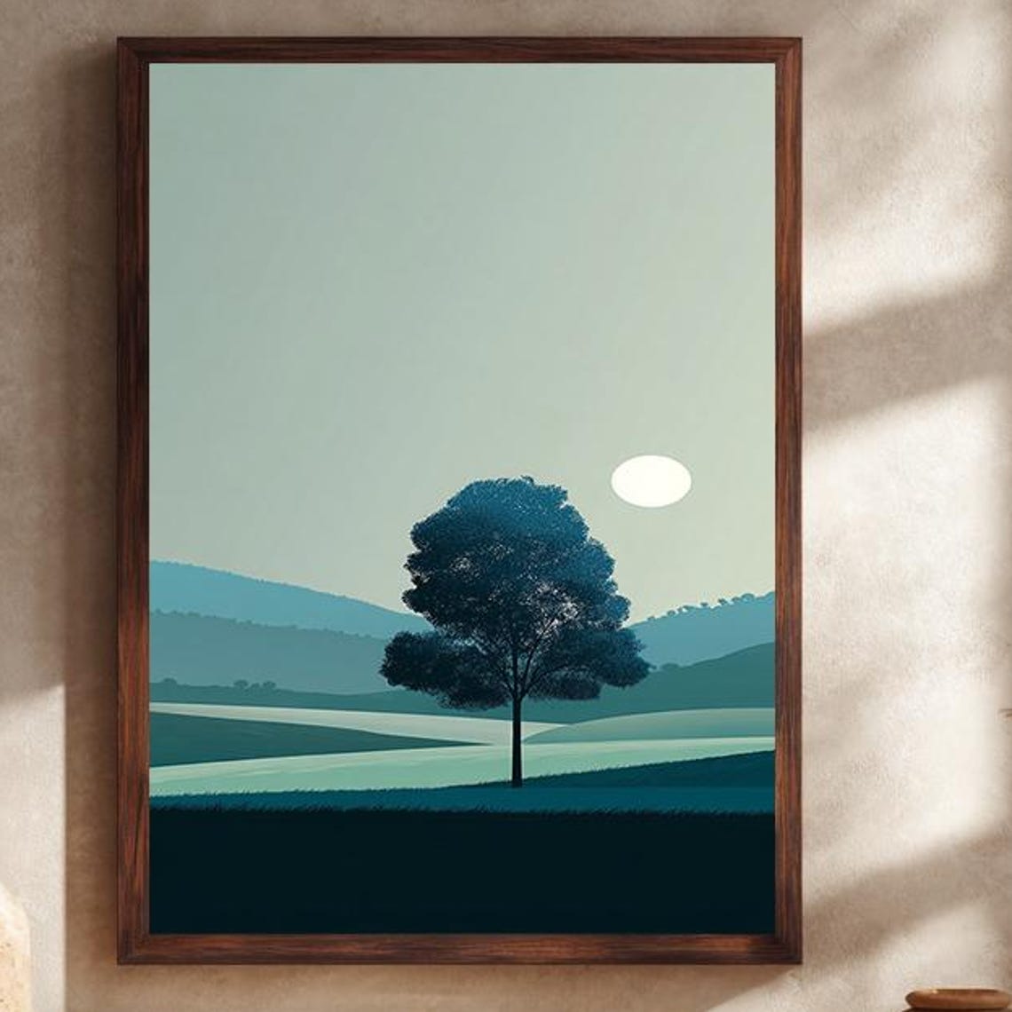 Single Tree Under Moonlit Sky Calming Blue Minimalist Wall Art