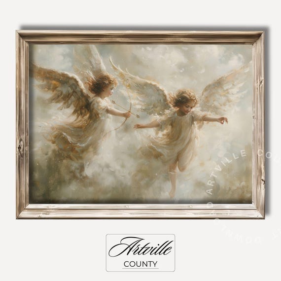 Muted Vintage Cupids Art Print, Rustic Nursery Decor