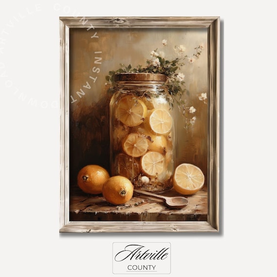 Vintage Lemons In Jar Art Print, Cottage Kitchen