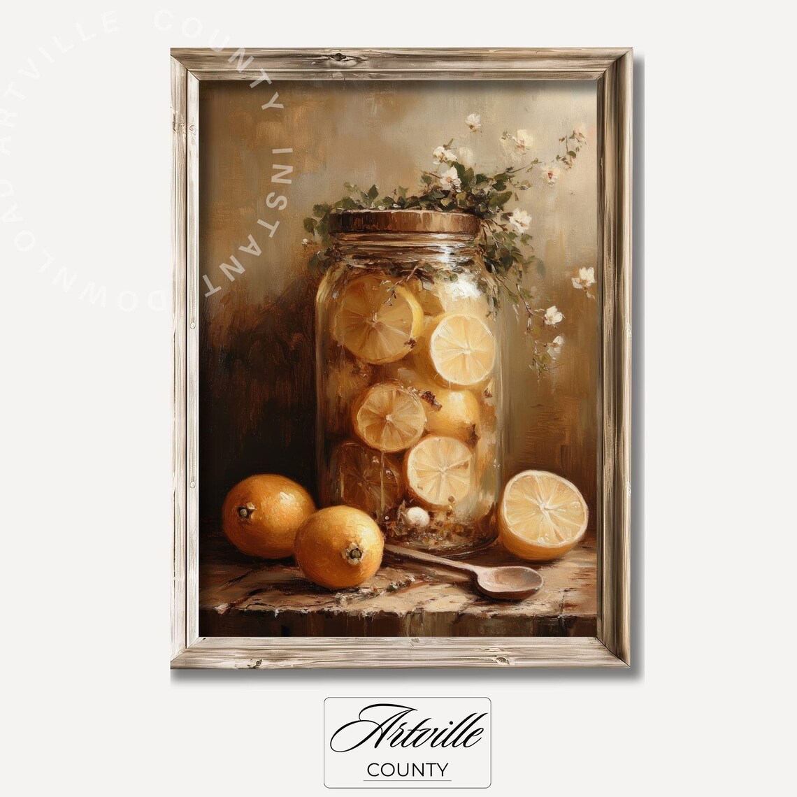 Vintage Lemons In Jar Art Print, Cottage Kitchen