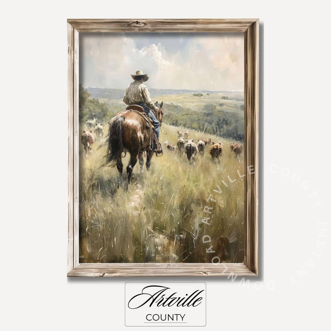 Cowboy On Horseback Herding Cattle Across Prairie Western Poster