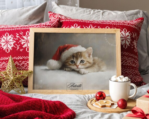 Cute Christmas Kitten in Santa Hat Vintage Holiday Painting Cat Lover Poster