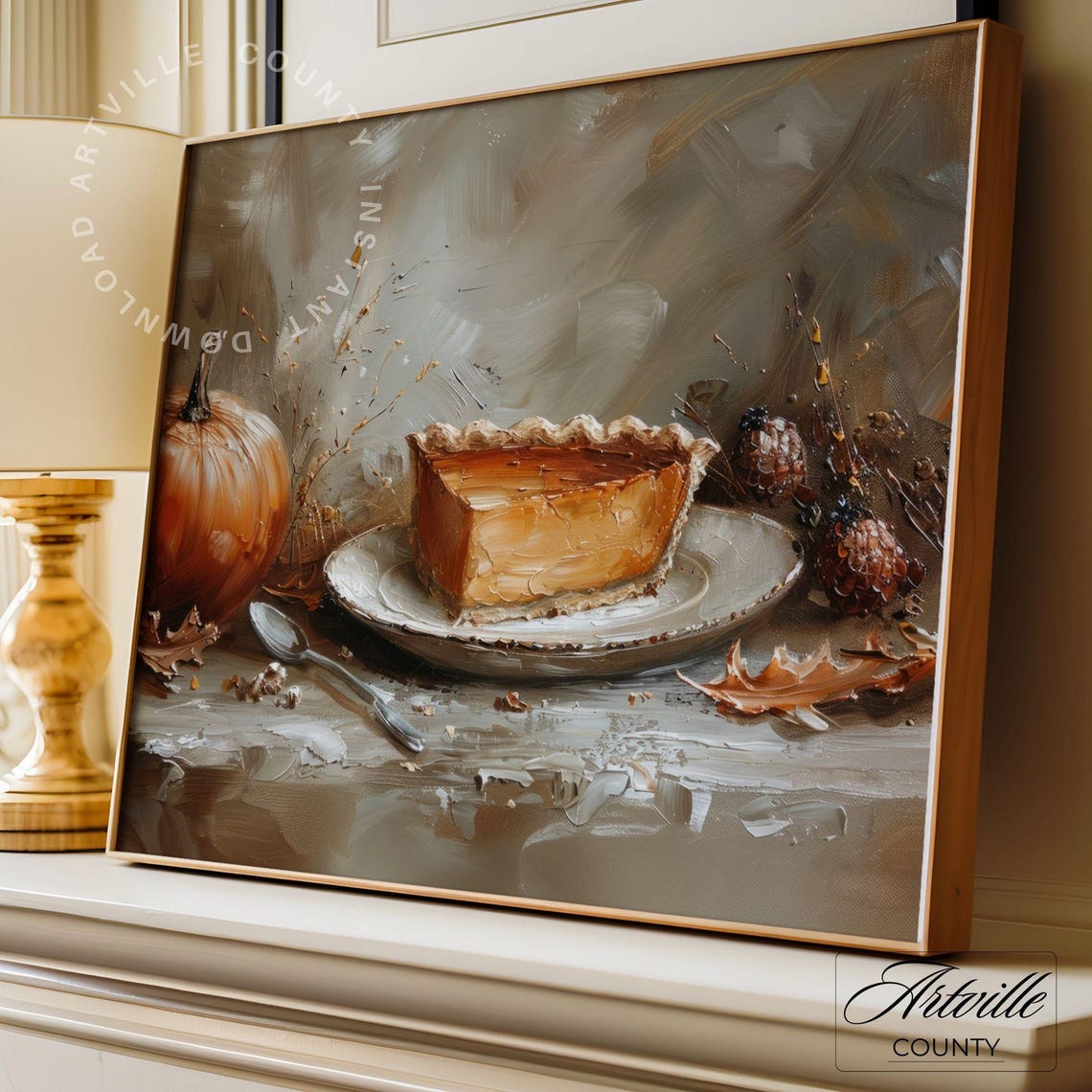 Pumpkin Pie Slice Rustic Still Life Autumn Kitchen Oil Poster - Image 3