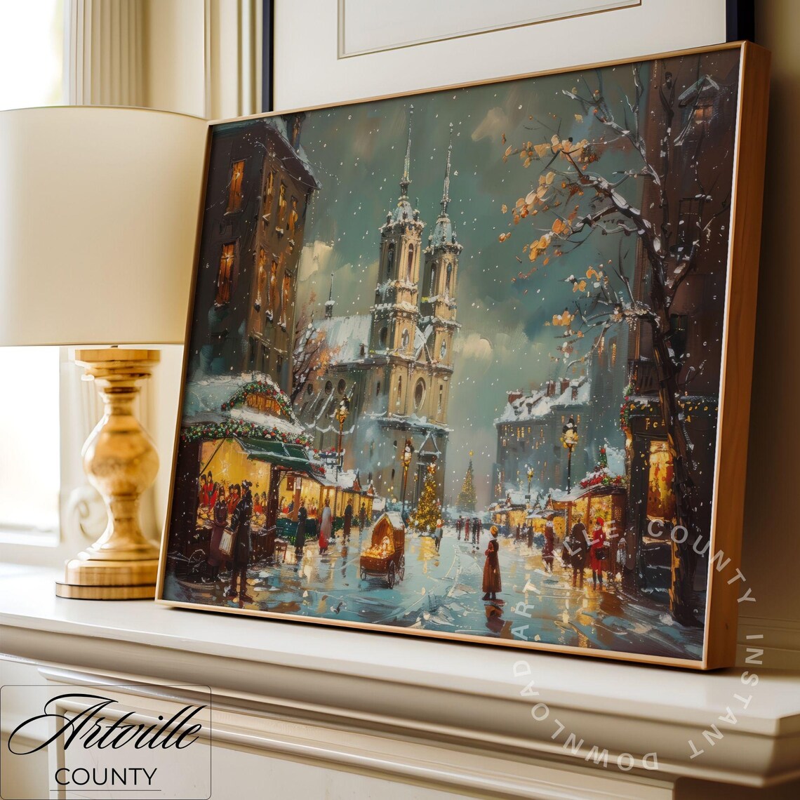 European Christmas Market Snowy Cathedral Square Night Poster - Image 4