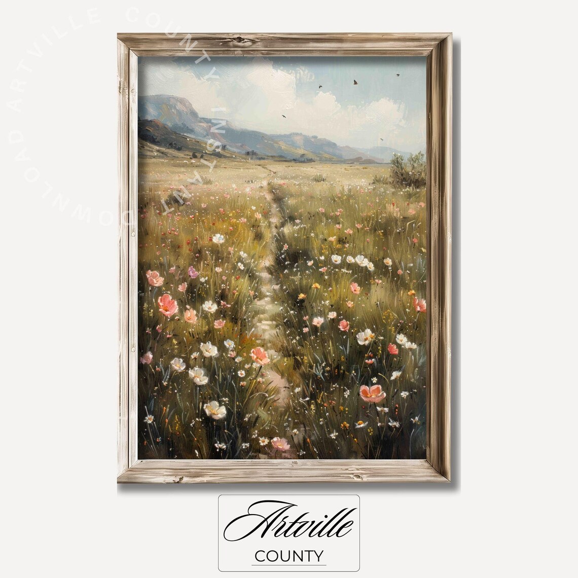 Wildflower Field Painting Vintage Country Landscape Art Print