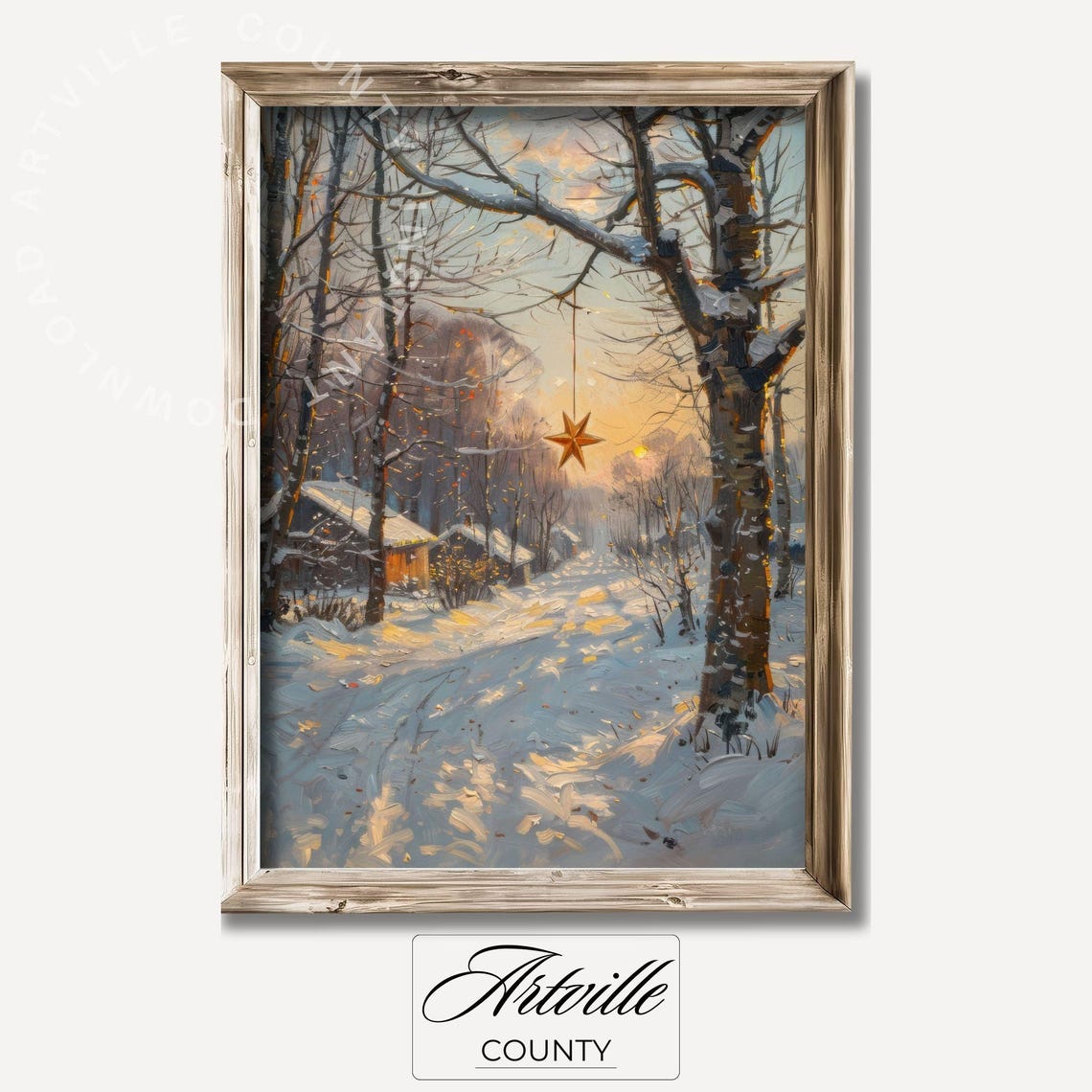 Glowing Christmas Star Hanging Over Snowy Woods Sunset Winter Poster
