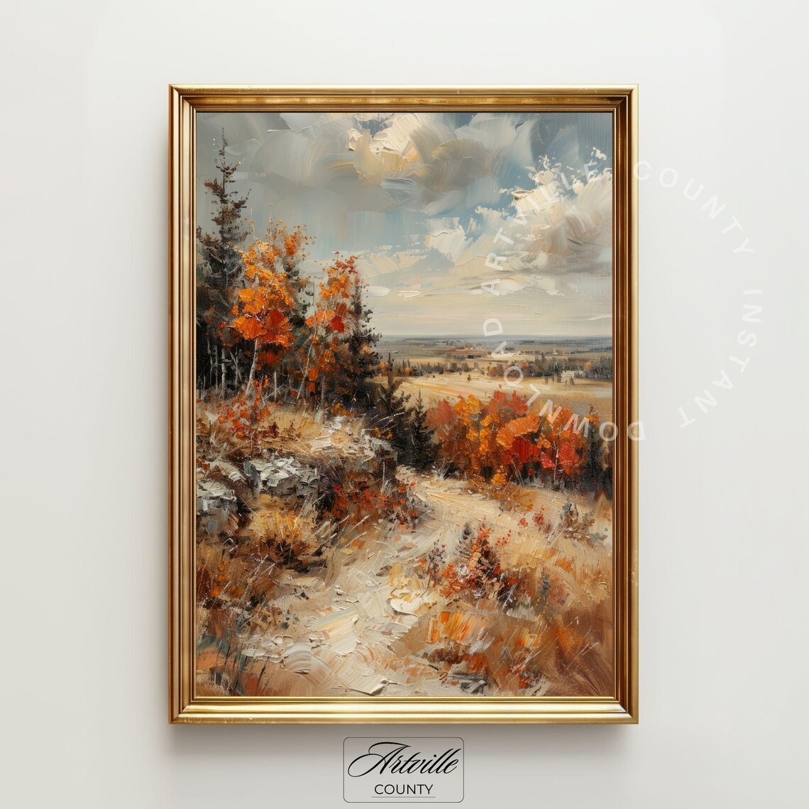 Orange Fall Landscape Painting Autumn Home Decor Trees Print Rustic Countryside Scene Art Moody Wall