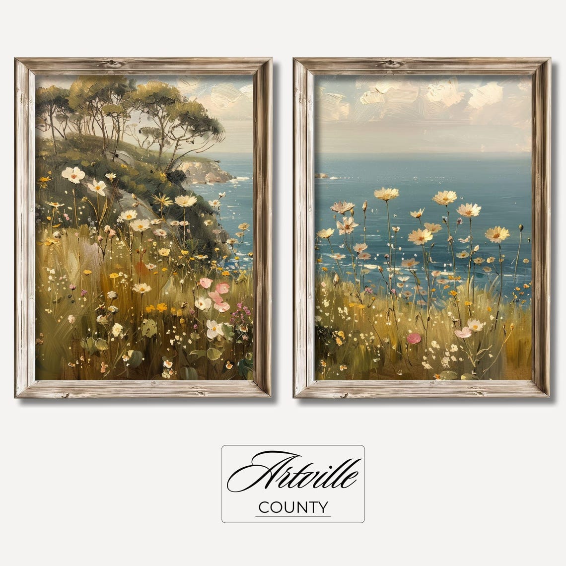 Coastal Wildflower Two Piece Set Vintage Beach Meadow Poster