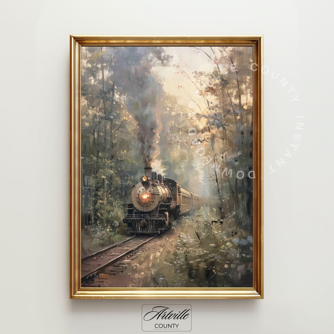 Vintage Steam Train Gallery Wall Set Antique Locomotive Train Prints Countryside Landscape Oil Painting Moody Travel Wall Art - Image 2