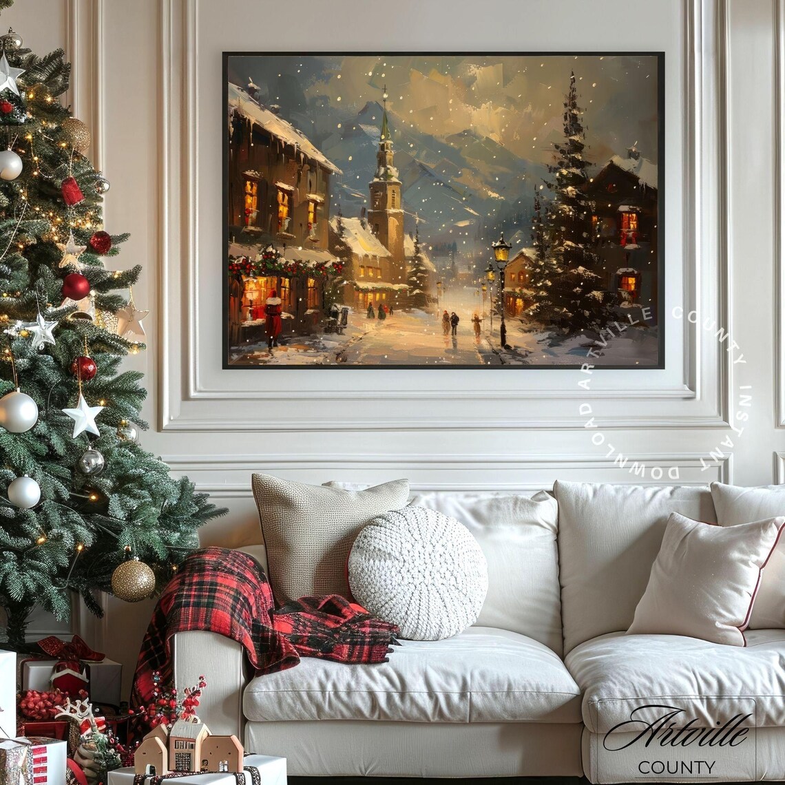 Festive Christmas Street Poster Print, Snowy Village