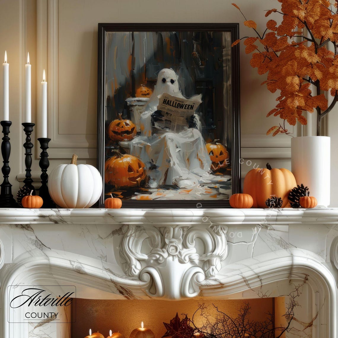 Ghost Reading Spooky News Halloween Pumpkin Bench Gothic Poster - Image 5