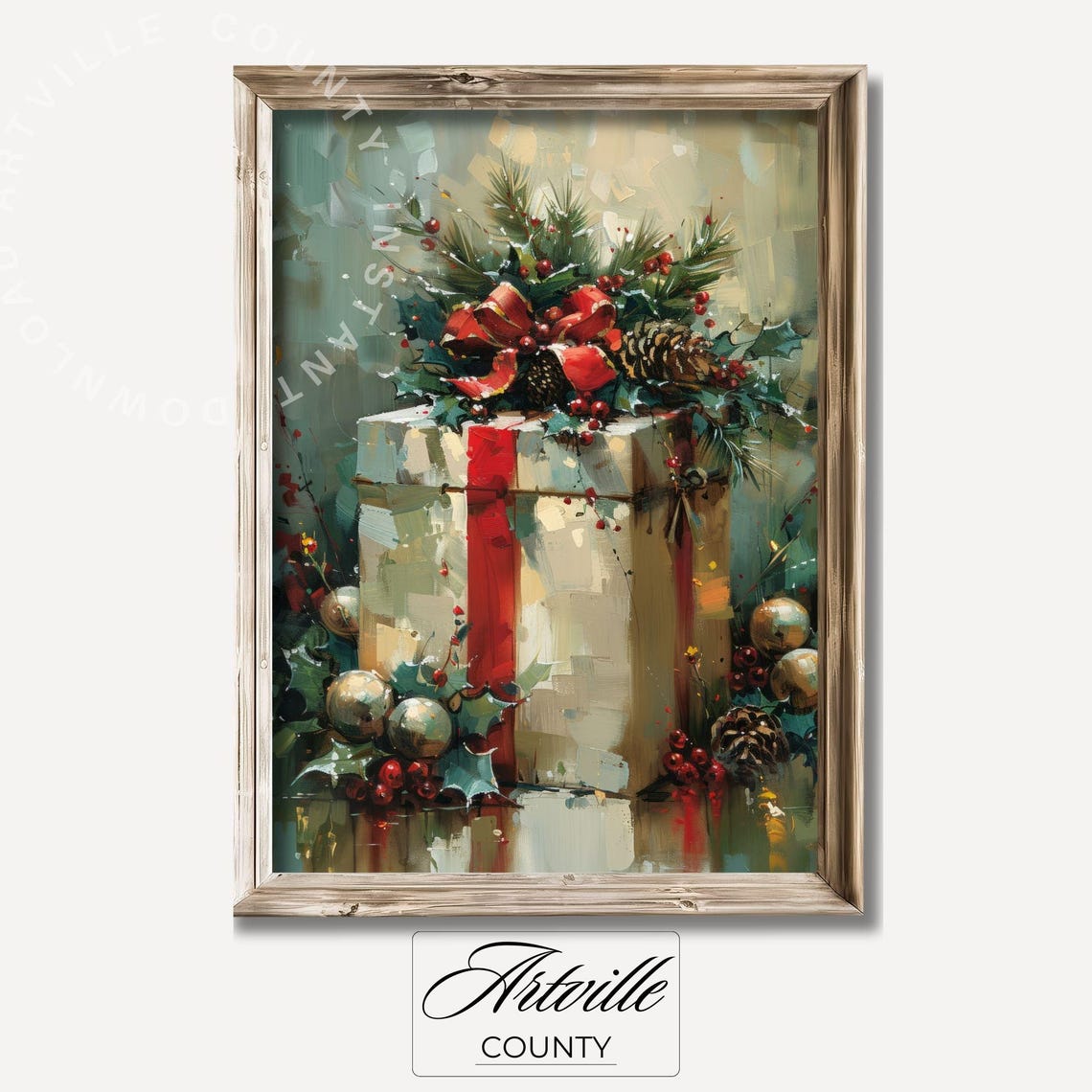 Christmas Gift Box With Pinecones Vintage Holiday Still Life Poster