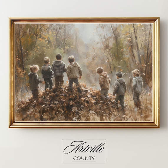 Kids In Fall Forest, Vintage Wall Art Print