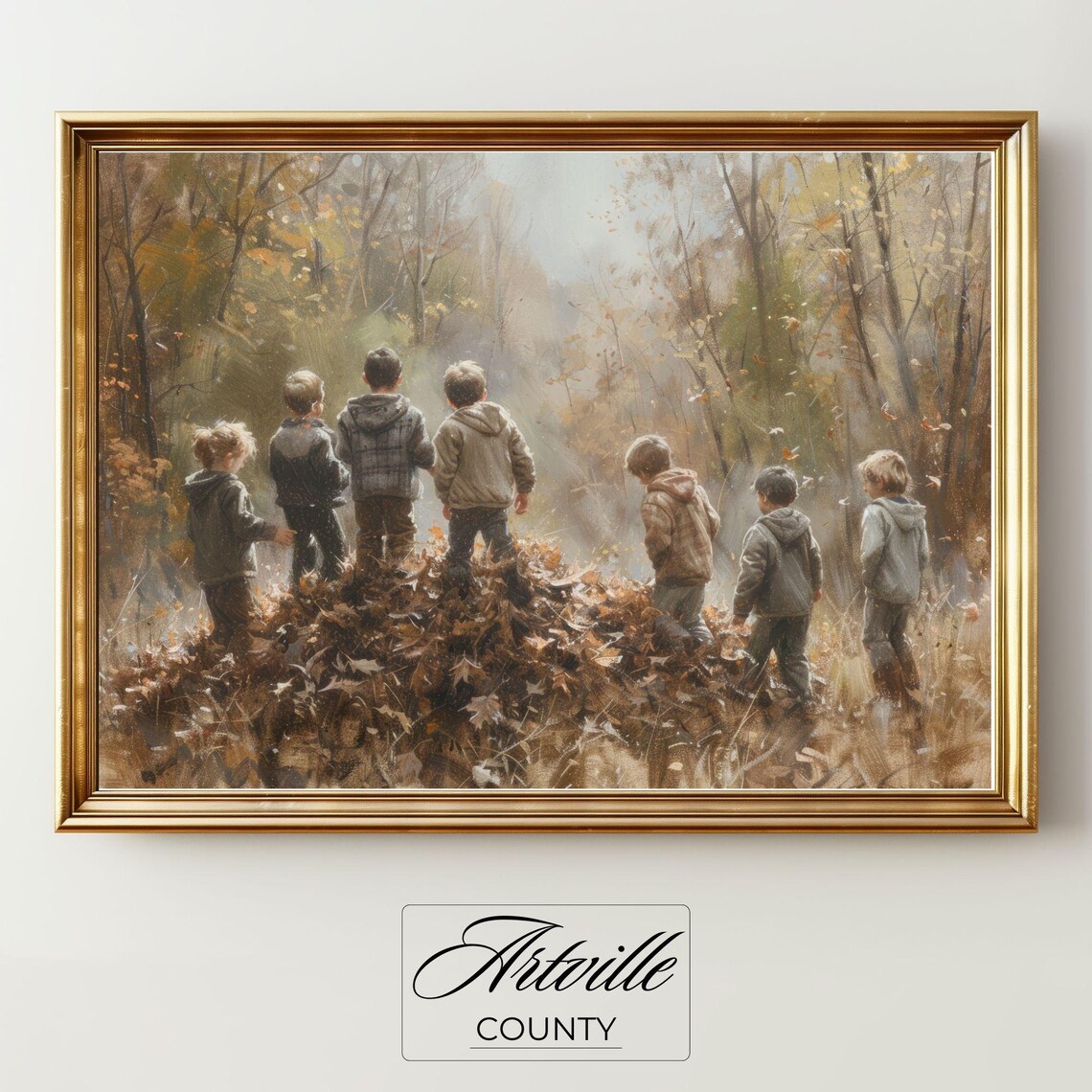 Kids In Fall Forest, Vintage Wall Art Print