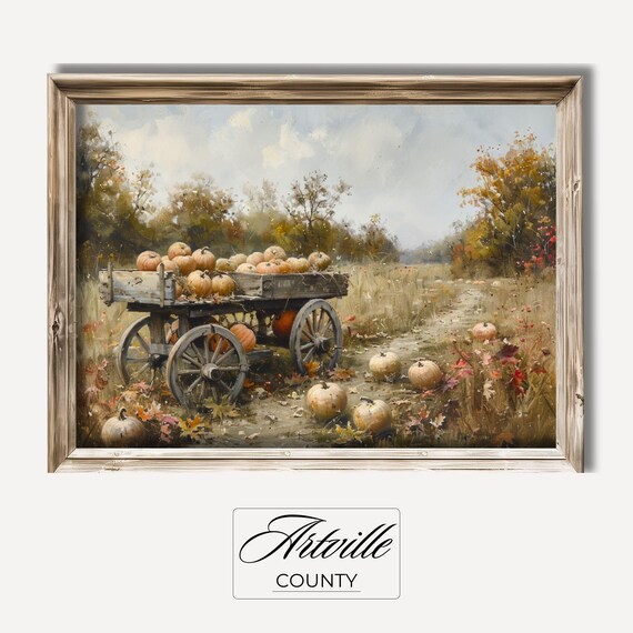 Rustic Pumpkin Wagon Loaded on Dirt Path Fall Harvest Countryside Poster