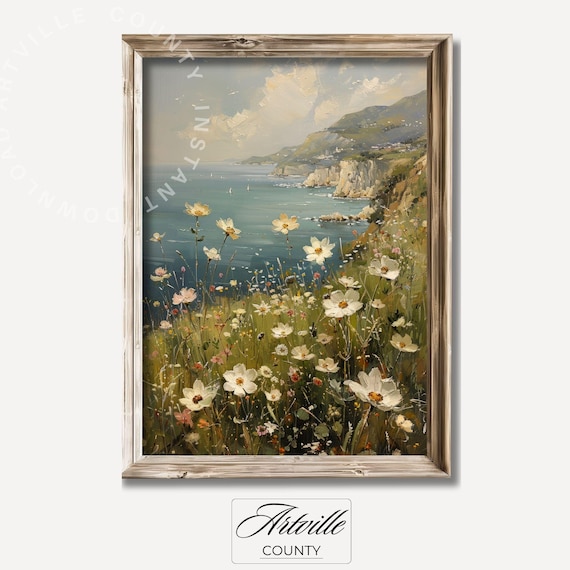 Coastal Wildflowers Overlooking Ocean Cliffs Oil Painting Poster