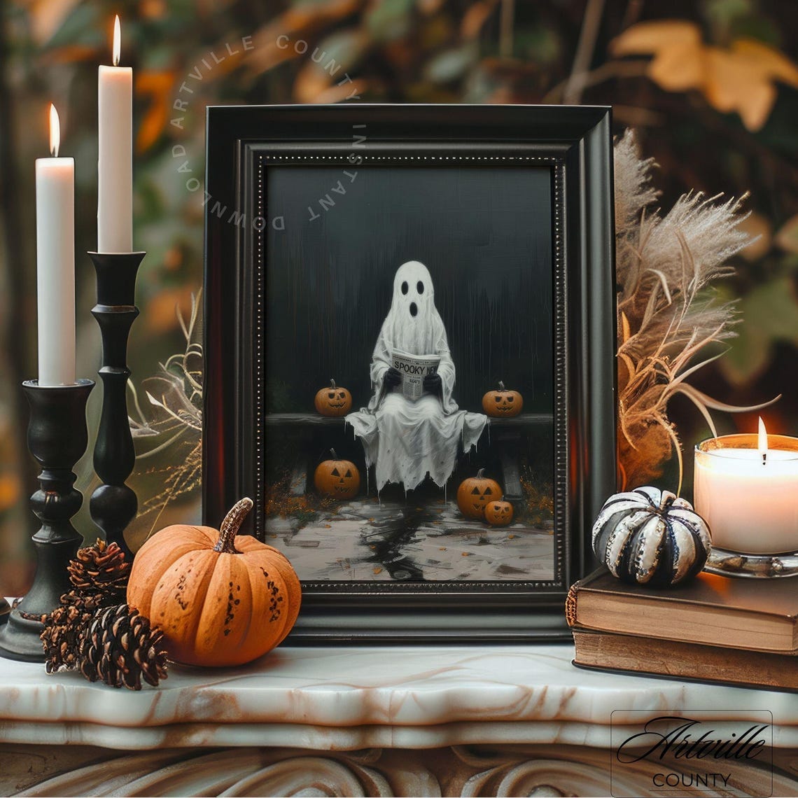 Ghost Reading Spooky News Halloween Pumpkin Bench Gothic Poster - Image 2