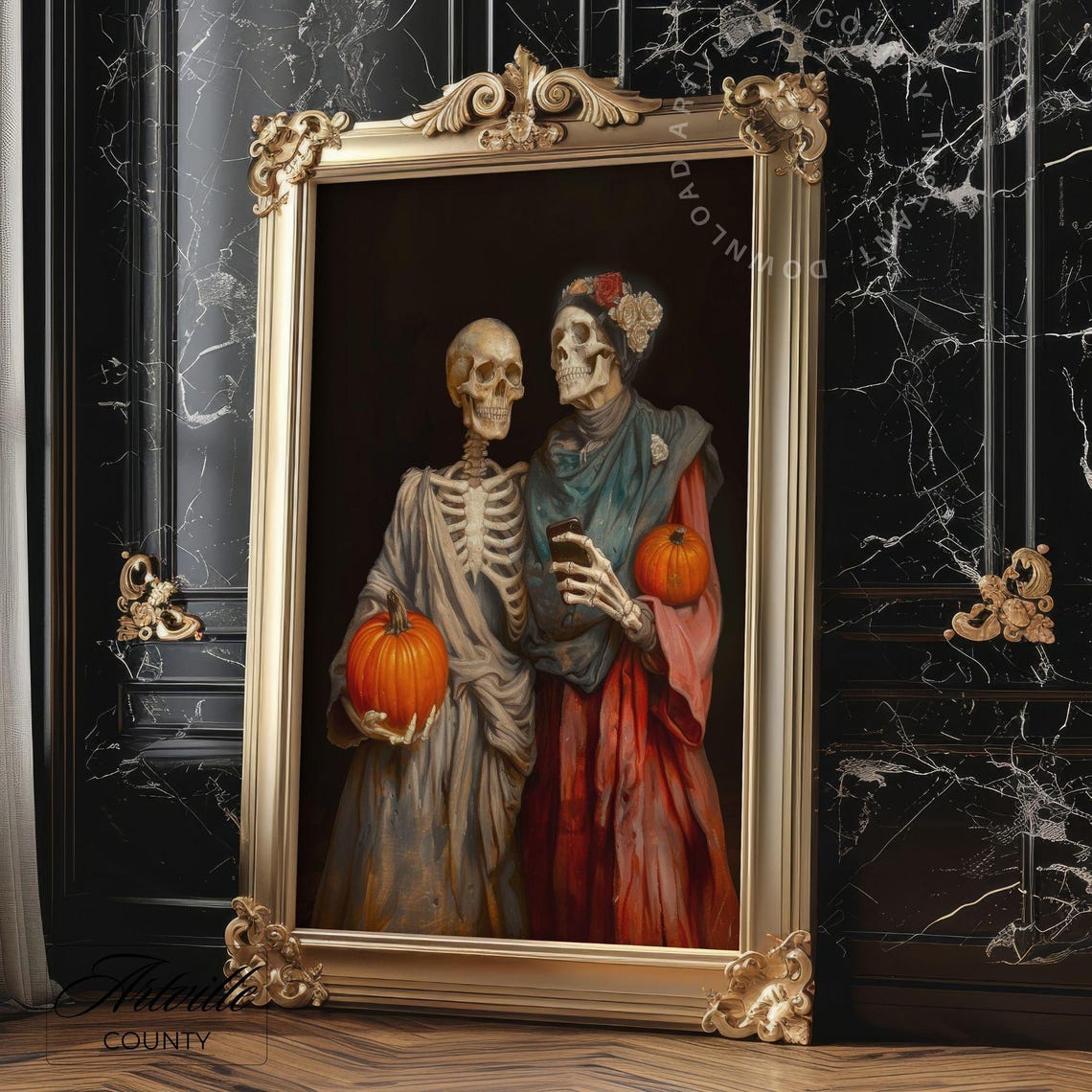 Skeleton Couple Selfie Pumpkins Halloween Funny Vintage Poster - Image 5