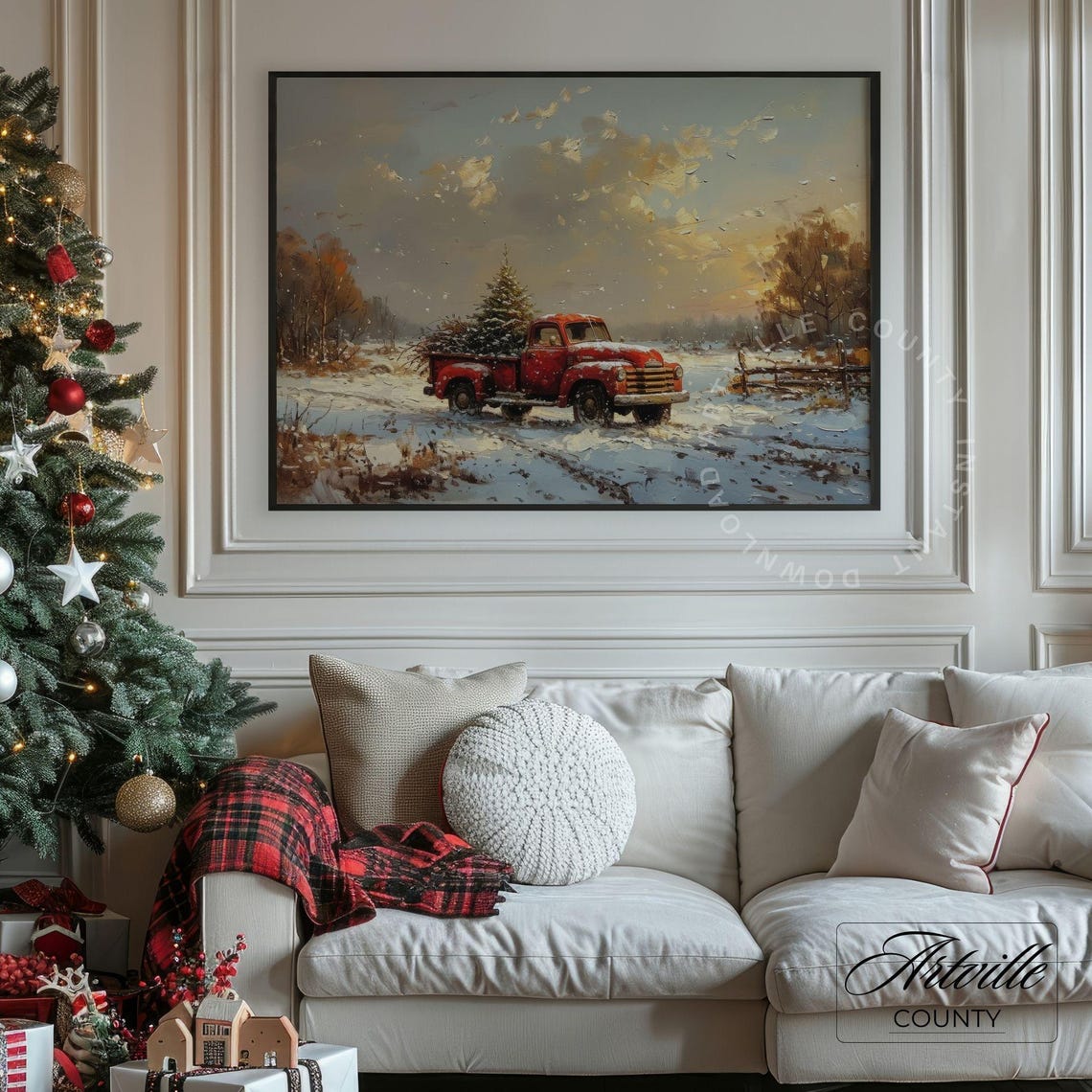 Red Vintage Pickup Truck Christmas Tree Snowy Sunset Farm Poster - Image 5