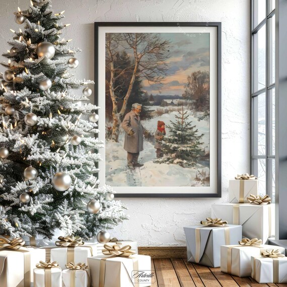 Grandfather and Child Choosing Christmas Tree Vintage Winter Painting Poster
