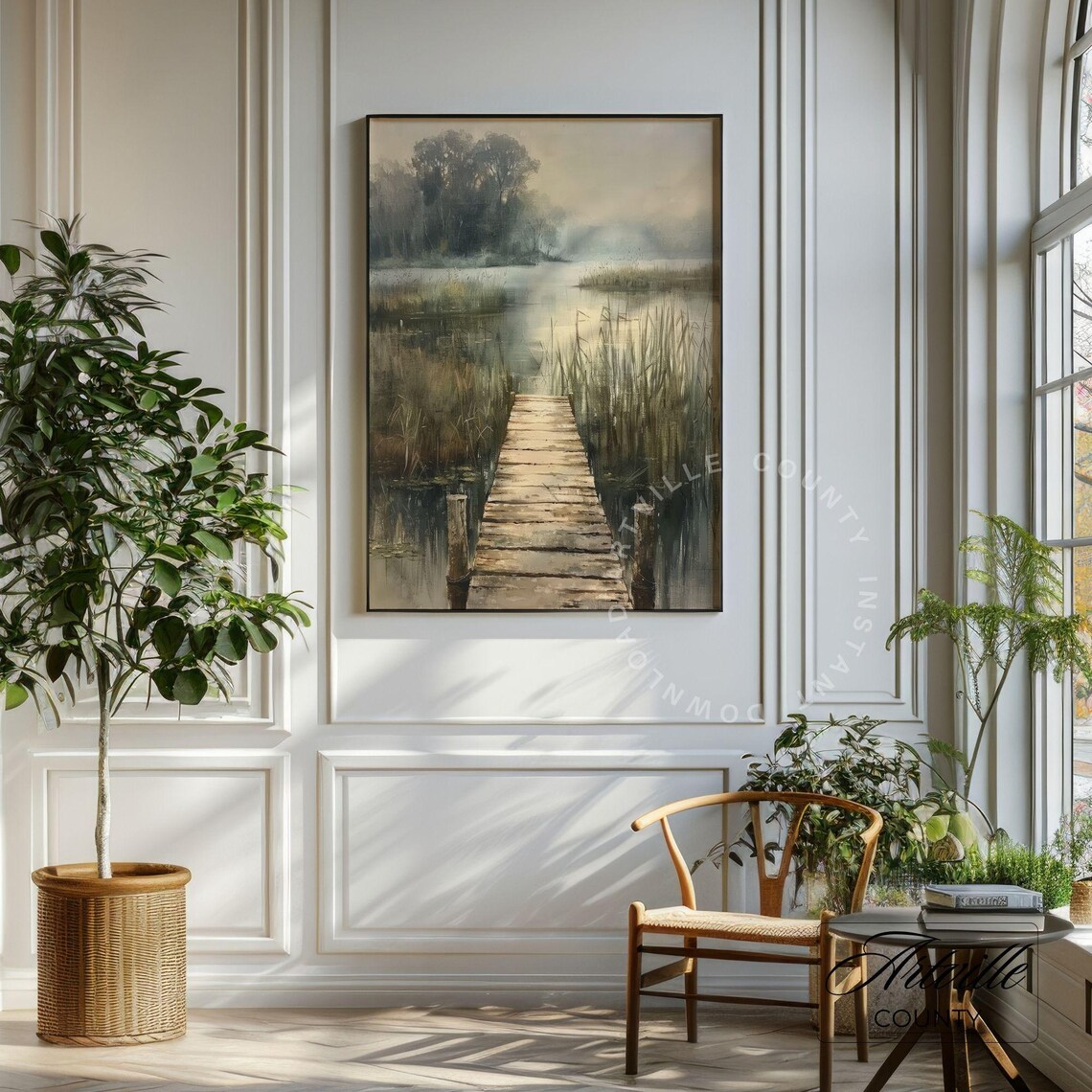 Fishing Pier Oil Painting, Vintage Farmhouse Landscape Print - Image 2