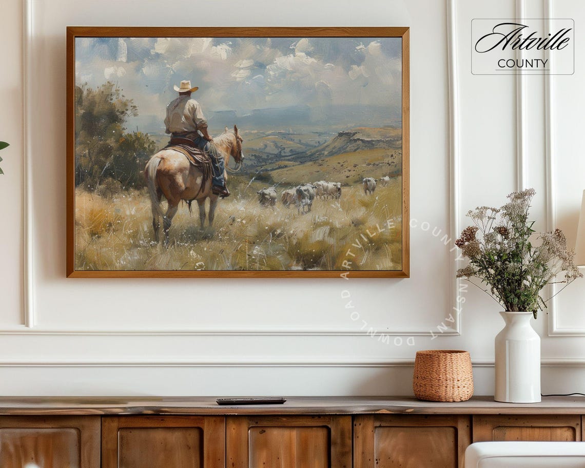 Cowboy on Horseback Watching Cattle Western Frontier Oil Poster - Image 3